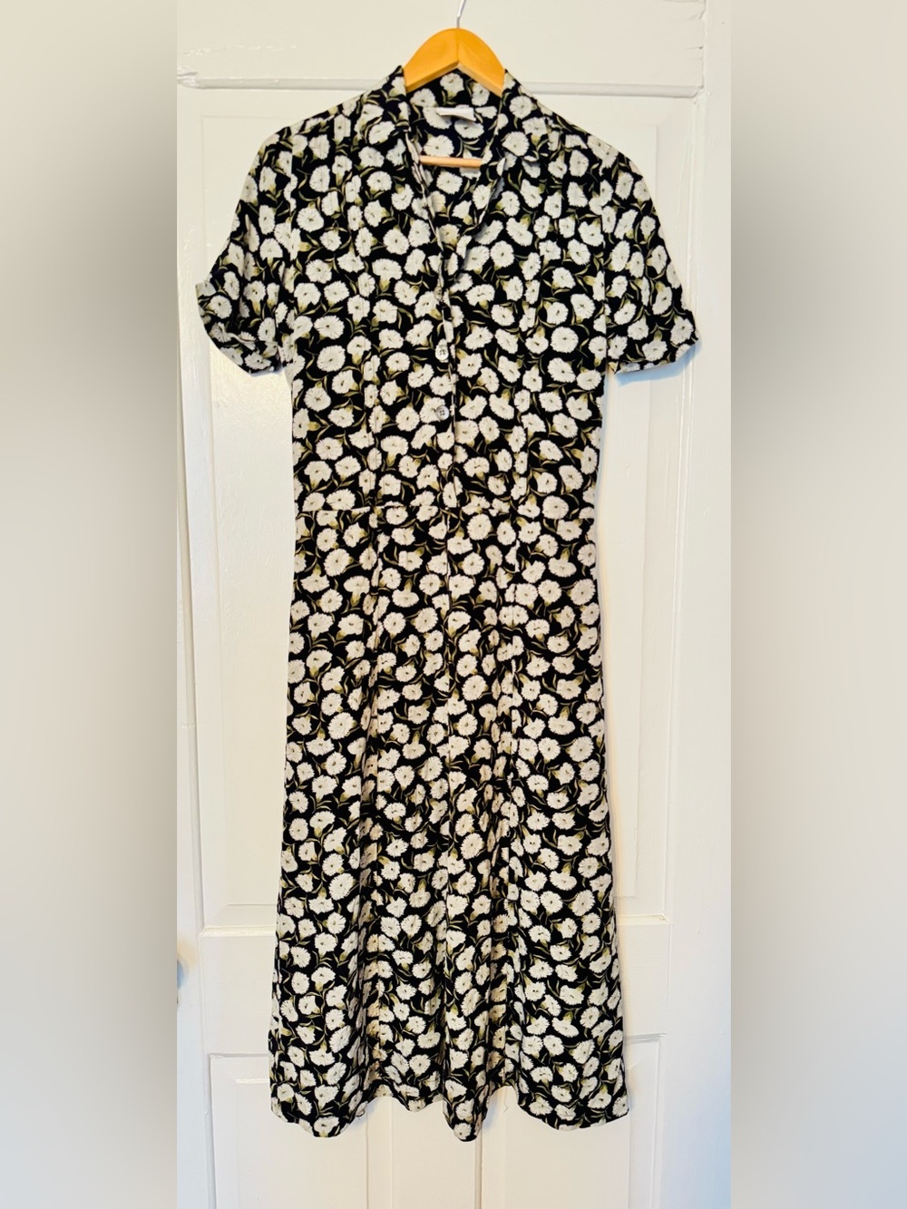 Vintage 1990’s Silk Floral Button-Front Midi Dress - Navy with White Floral prin